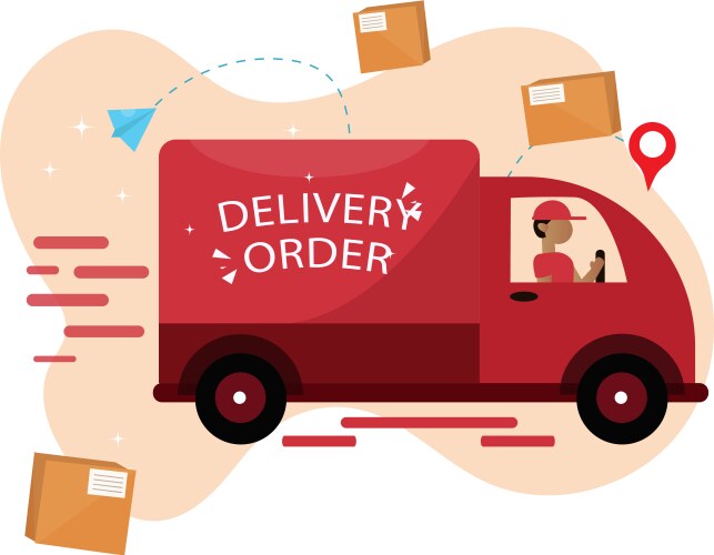 Hand drawn man curier deliver service with truck vector image