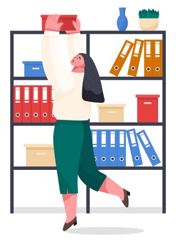 Woman take box from rack with shelves office vector image