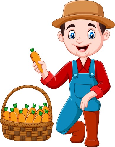 Cartoon little farmer harvesting carrots vector image