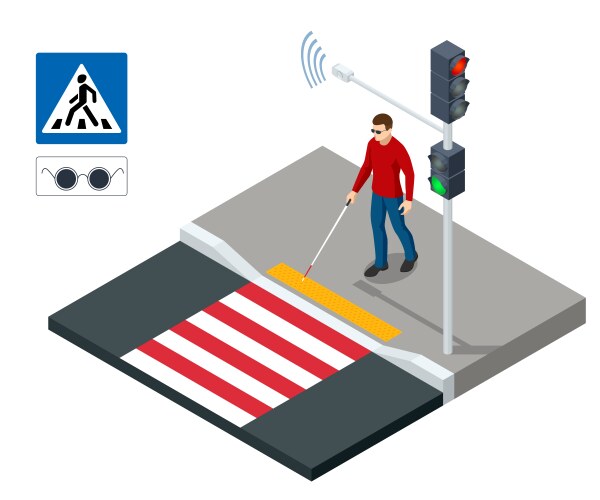 Isometric blind man crossing street at crosswalk vector image