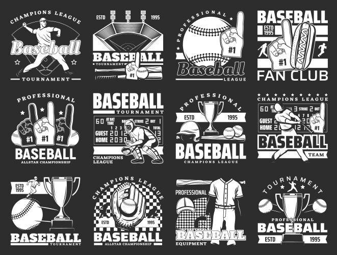 baseball players with bats balls and trophy cups vector image