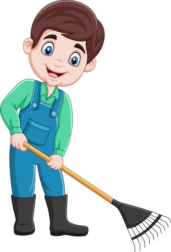 Cartoon young farmer working with a rake vector image