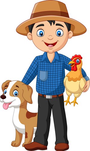 Cartoon young farmer with hen and dog vector image