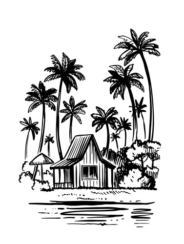 Bungalow with palm trees next to sea beach tropic vector image