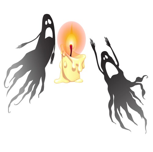 Two black ghosts and a burning candle isolated vector image