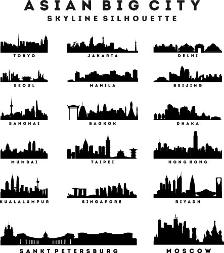 collection asian big city skyline silhouette vector image