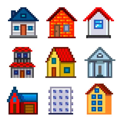 Pixel houses for games icons set vector image