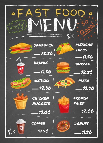 fast food restaurant menu on chalkboard vector image