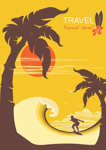 tropical paradise with palms island and surfer vector image