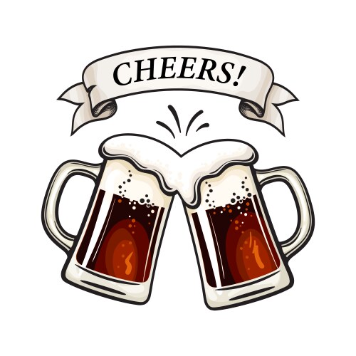 Two toasting beer mugs cheers text on old ribbon vector image