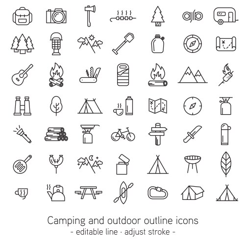 Camping and outdoor outline icons - editable line vector image