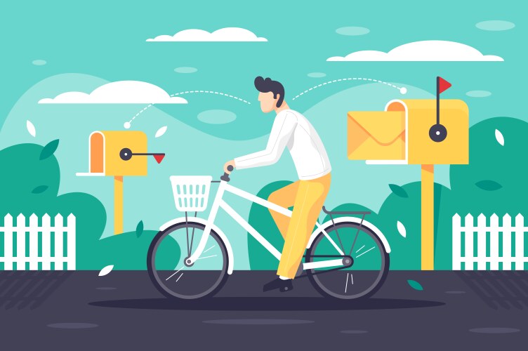 Flat young man deliver mail on bicycle vector image