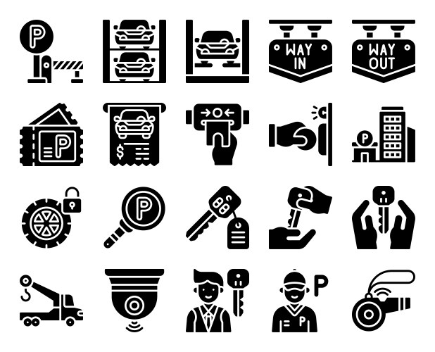 Parking lot related solid icon set 4 vector image