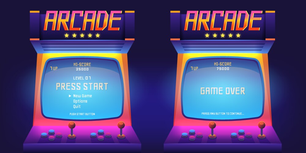 Arcade game screen 80s retro start play vector image