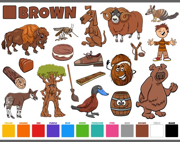 Set with cartoon characters and objects in brown vector image