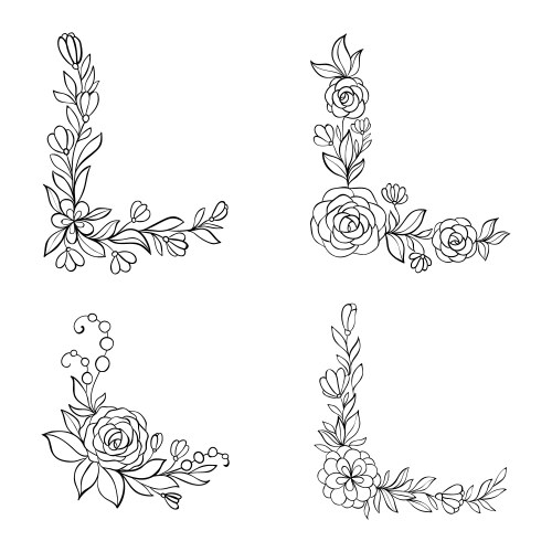 Set black and white hand drawn corner floral vector image