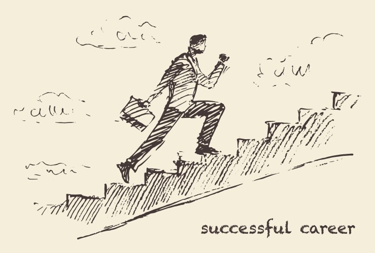 Drawn man climbing stair sky successful vector image