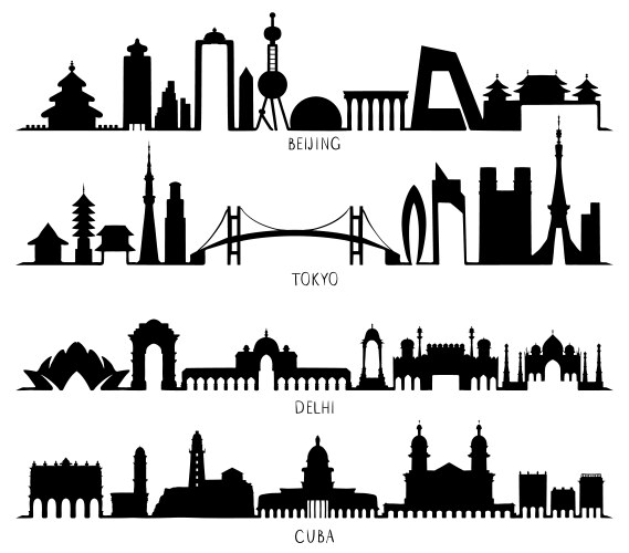 Skyline silhouette beijing tokyo new delhi cuba vector image