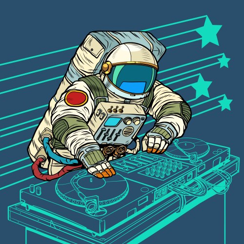 astronaut cosmonaut dj on vinyl turntables vector image