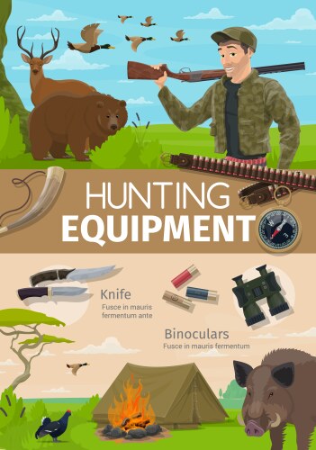 Hunting adventure hunter equipment and animals vector image