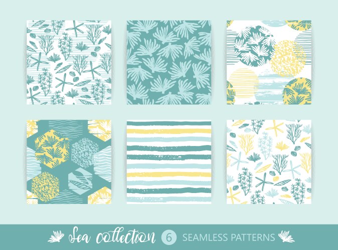 Set of trendy sea seamless patterns with hand vector image