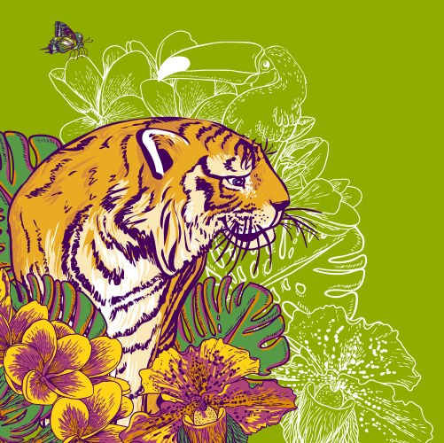 tropical exotic floral background with tiger vector image