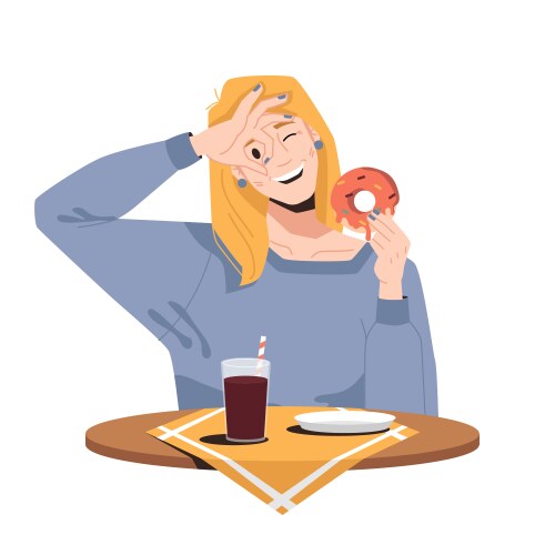 Woman in restaurant enjoys donut drinks cola soda vector image