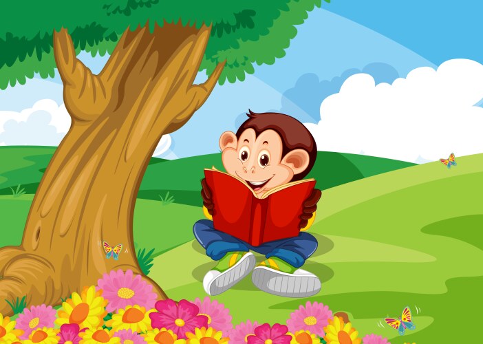 monkey reading book in garden vector image