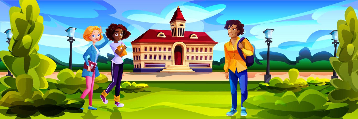 cartoon students in front of college campus vector image