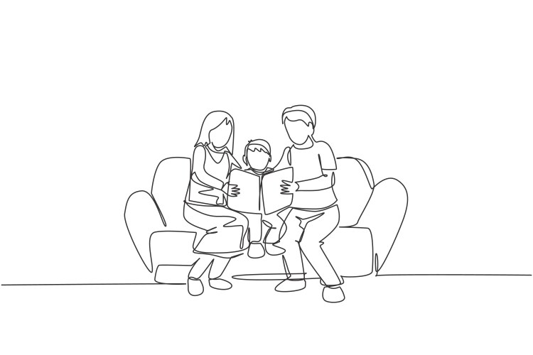 Single continuous line drawing young mom and dad vector image