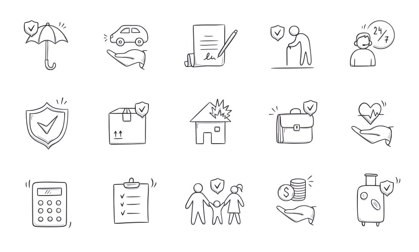 Insurance doodle icon set hand drawn sketch life vector image