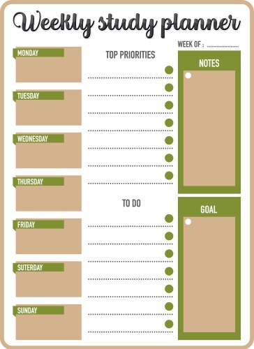 Weekly study plan monday to friday schedule vector image