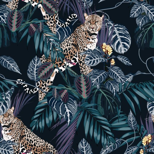 Graceful leopard and tropical leaves vector image