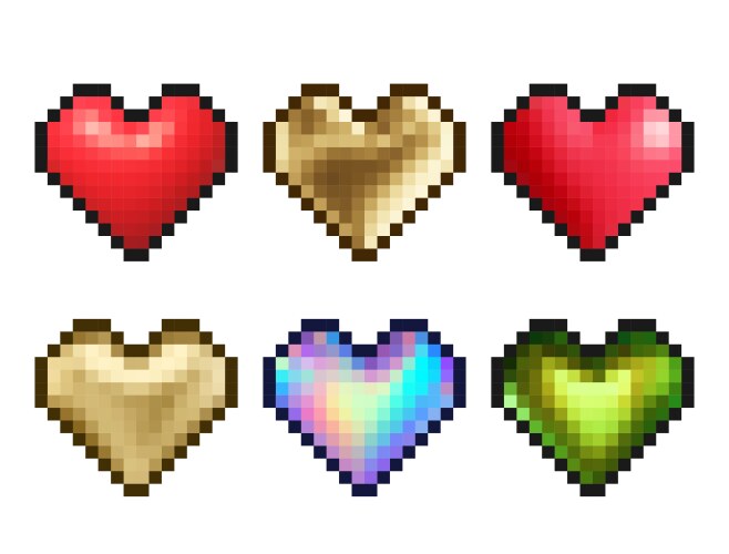 Red golden and iridescent heart icons in pixel vector image