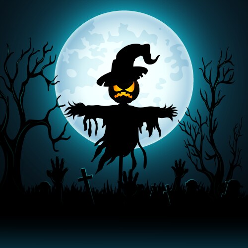 Halloween background with scary scarecrow in grave vector image