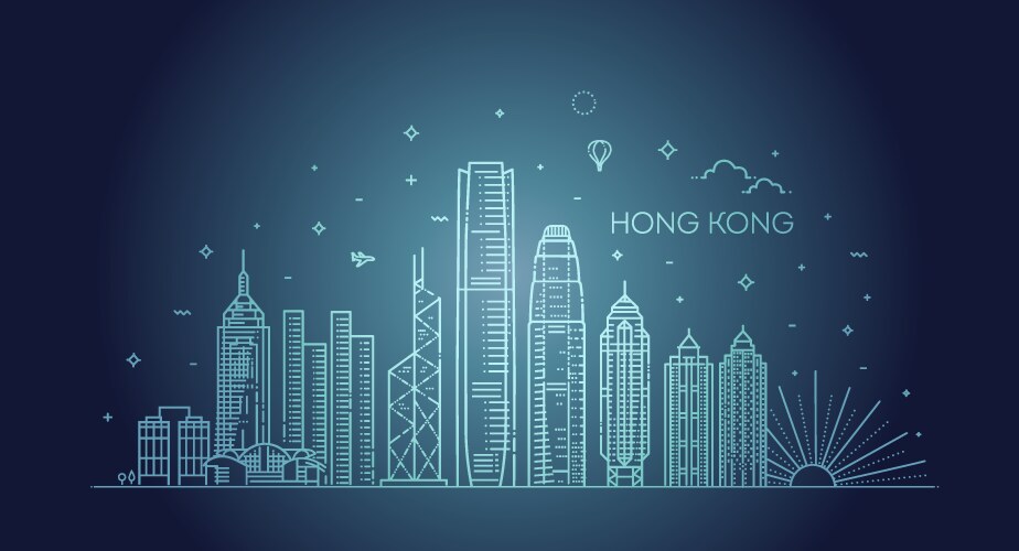 hong kong skyline in linear vector image