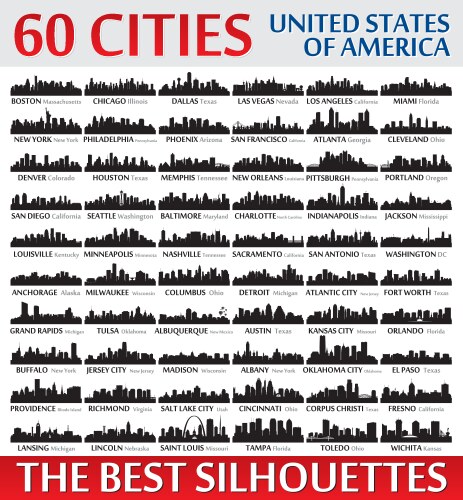 Incredible skyline set 60 city silhouettes of usa vector image