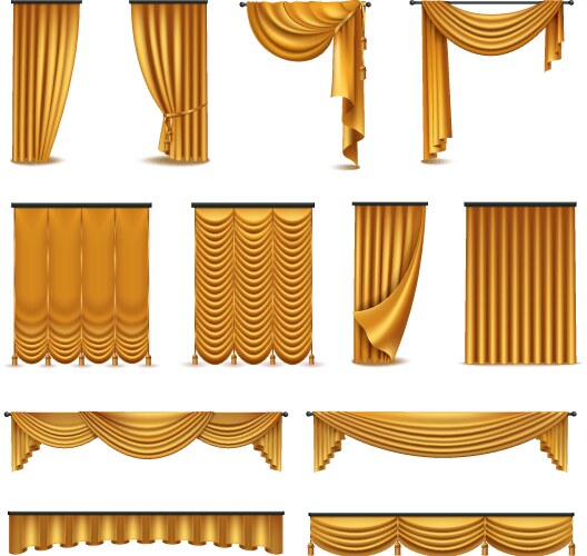 Golden curtains drapery realistic icons collection vector image