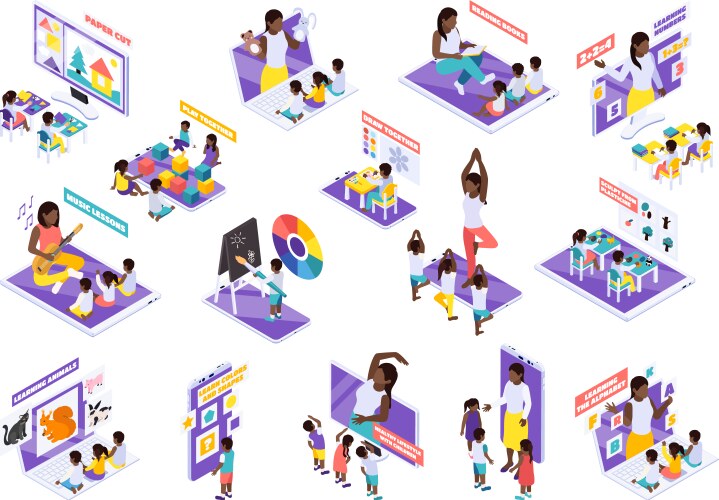 kindergarten online isometric set vector image