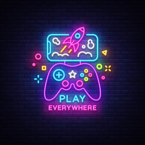 Gamepad and smartphone neon sign games vector image