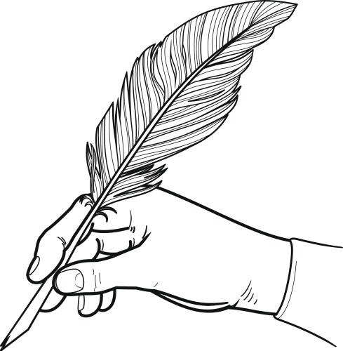 Male hand holding a bird feather pen for writing vector image