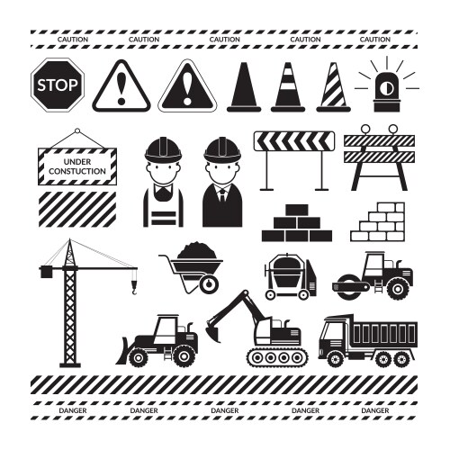 Construction objects silhouette set vector image