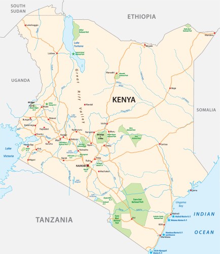 Kenya road and national park map vector image