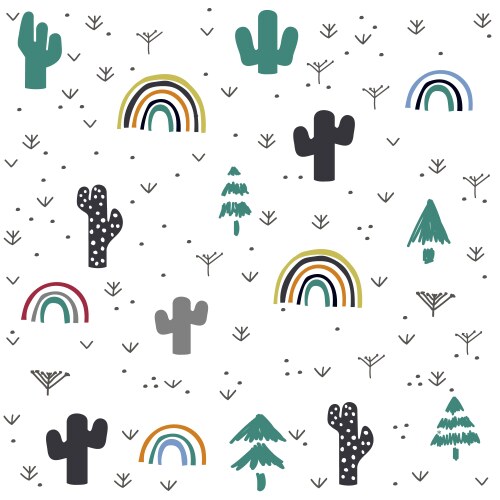 Hand drawn cactus and rainbow pattern vector image