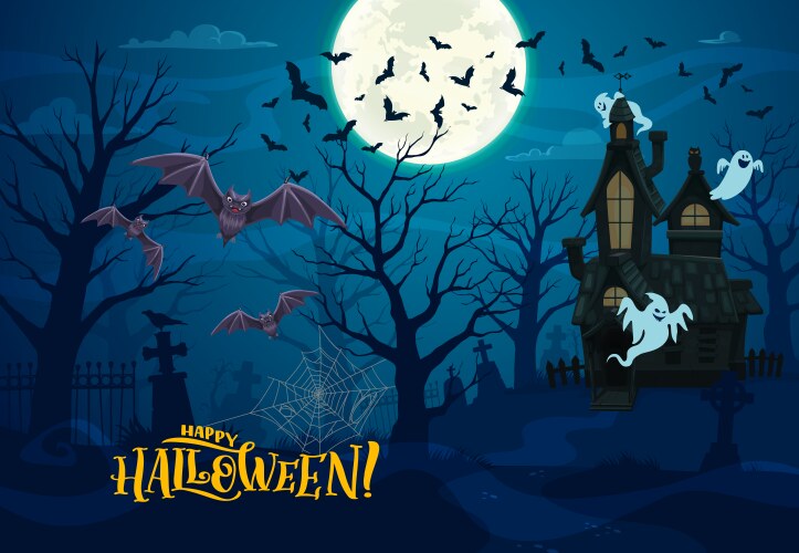 Halloween landscape with dark castle bats ghosts vector image