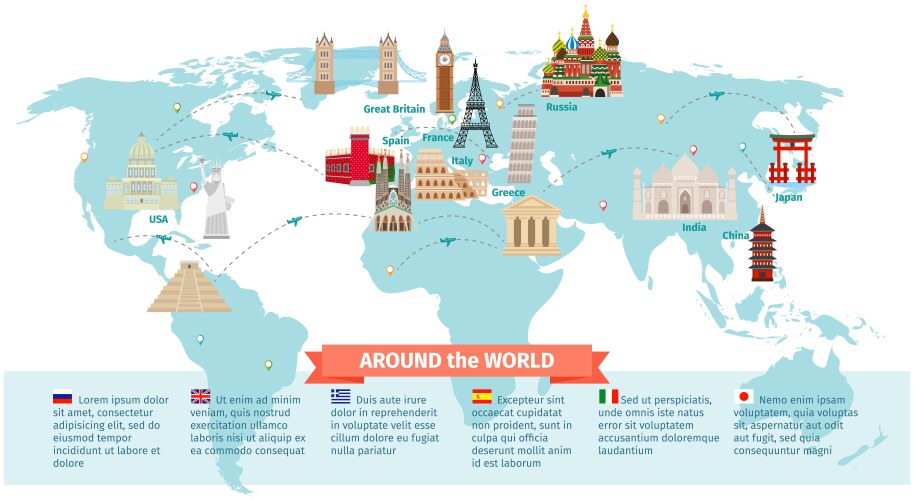 World landmarks on map vector image