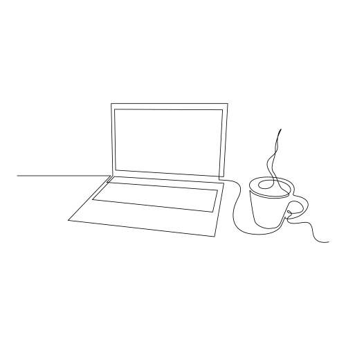 Continuous one line laptop and mug with a hot vector image