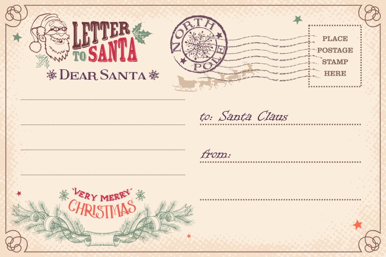 Vintage letter to santa claus postcard vector image