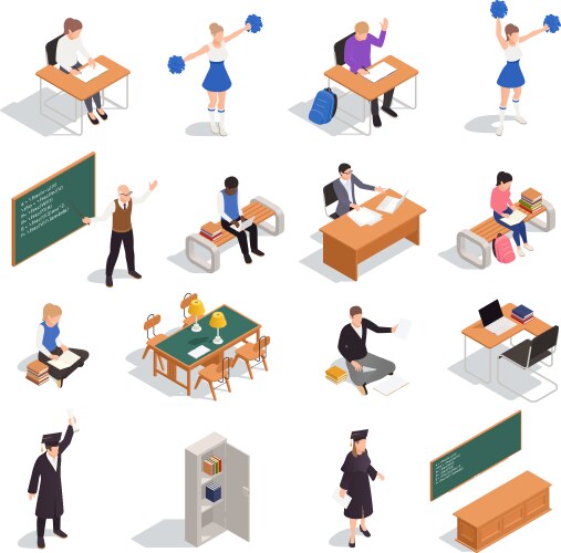 high school isometric icons set vector image