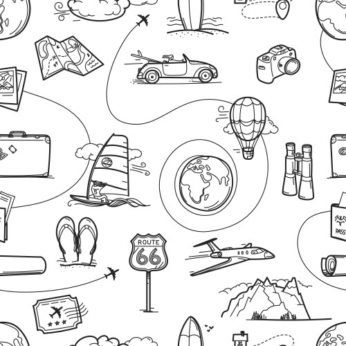 Hand drawn travel doodles seamless pattern vector image